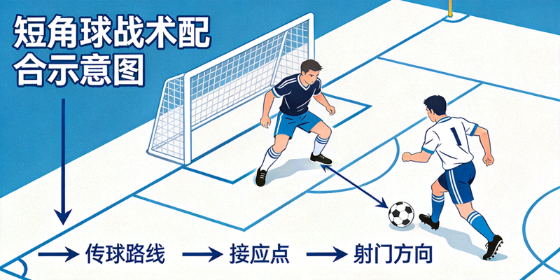短角球战术配合示意图 - 两名球员在角球区进行快速配合